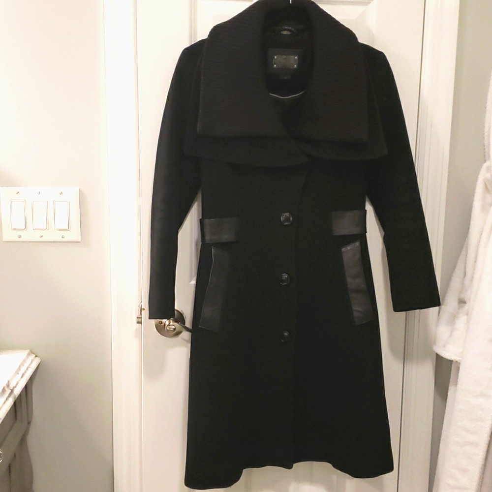 Mackage Double Collar Wool & Leather Trench Coat